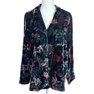 VTG Banana Republic Velvet Button Blouse Floral Zebra Art To Wear Artsy Moody